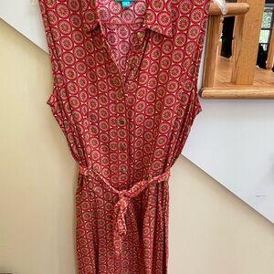 Escapada Red and Gold Sleeveless Midi Dress with Tie Waist, Sz. XL